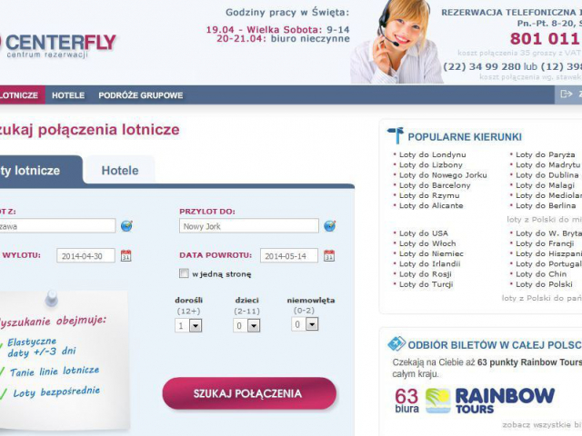 centerfly.pl podgląd strony, wyszukaj połączenia lotnicze, hotele bilety