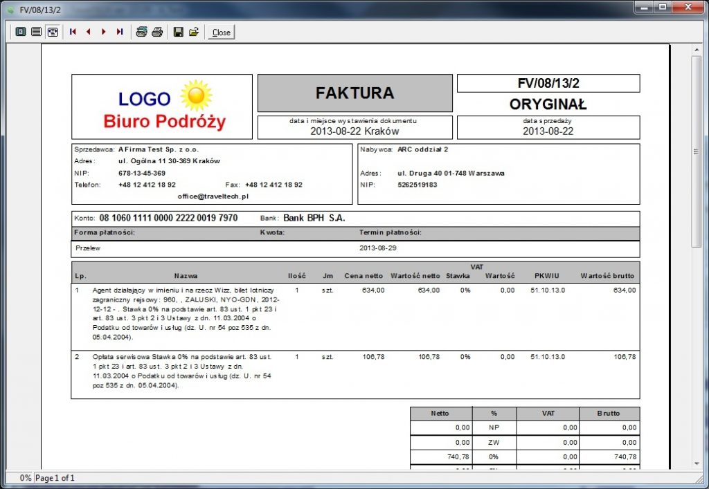 faktura wystawiona za pomocą systemu galscan