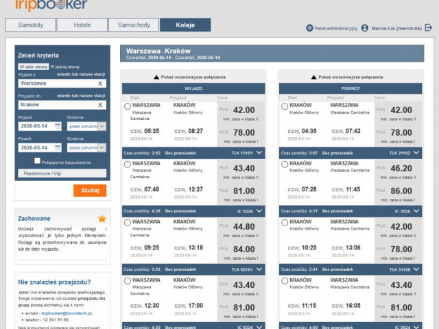tripbooker widok warszawa centralna kraków główny