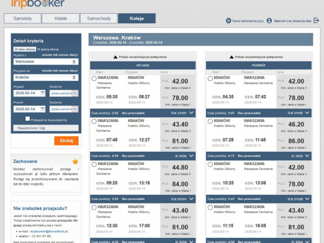 tripbooker widok warszawa centralna kraków główny